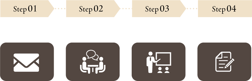 STEP01：面接日時・場所のご連絡→STEP02：面接当日→STEP03：トレーニングスタート→STEP04：業務委託契約