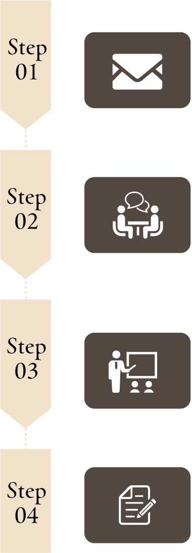 STEP01：面接日時・場所のご連絡→STEP02：面接当日→STEP03：トレーニングスタート→STEP04：業務委託契約